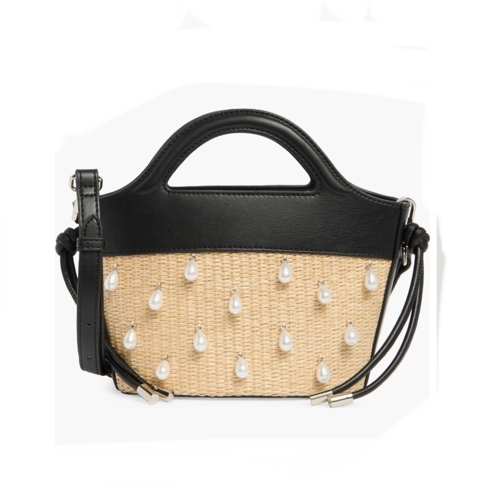 Steve Madden BPEARLI Black And Tan Woven Raffia Crossbody Bag NWTS